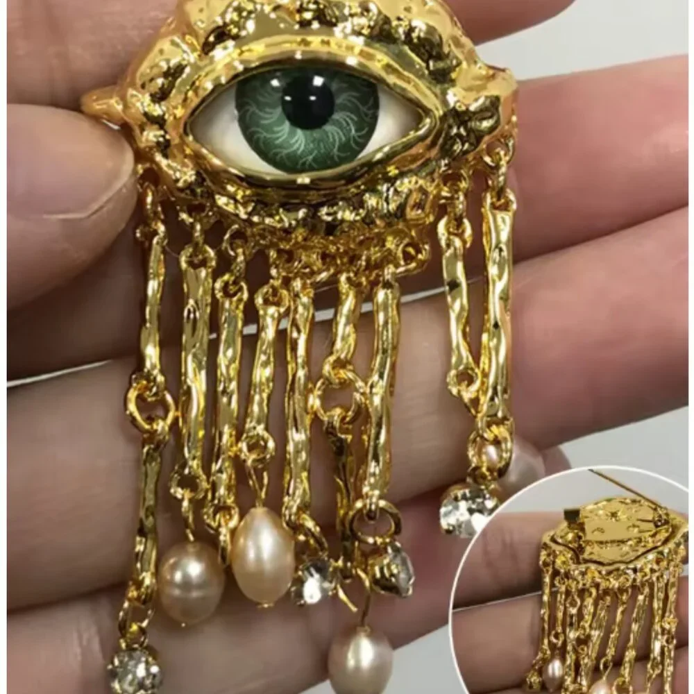 Schiaparelli Inspired Surrealist Evil Eye Brooch Pearl Tassel - NEW